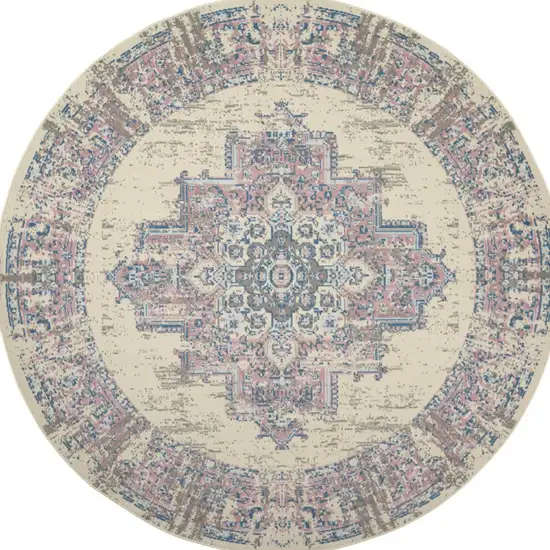 8' Pink Round Damask Power Loom Area Rug Photo 4