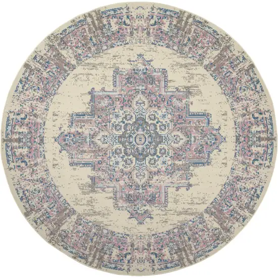 8' Pink Round Damask Power Loom Area Rug Photo 1