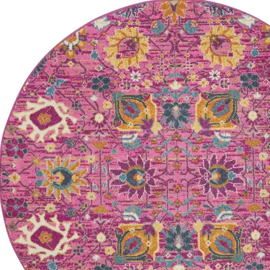 8' Pink Round Floral Power Loom Area Rug Photo 8