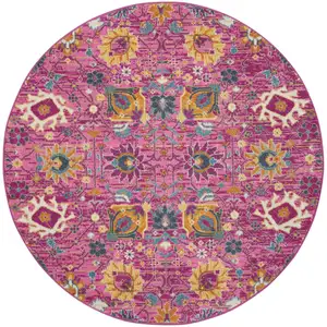 Photo of 8' Pink Round Floral Power Loom Area Rug