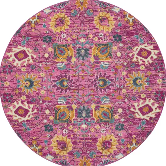 8' Pink Round Floral Power Loom Area Rug Photo 9