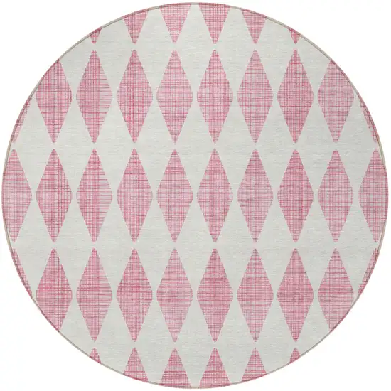 8' Pink And Ivory Round Geometric Washable Indoor Outdoor Area Rug Photo 4