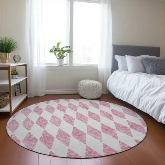 8' Pink Round Geometric Washable Indoor Outdoor Area Rug Photo 6