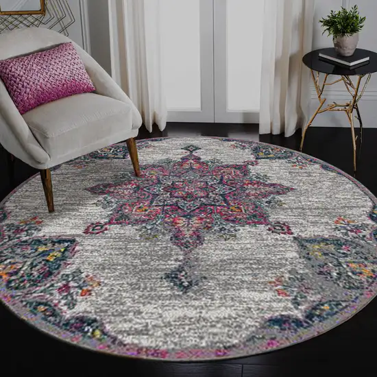 7' Pink Round Medallion Power Loom Area Rug Photo 6