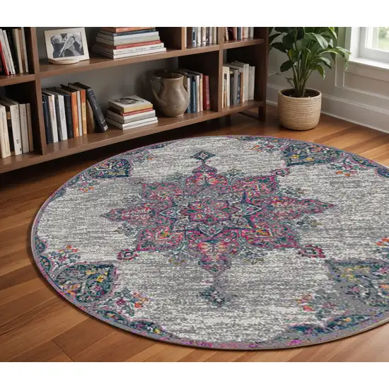 7' Pink Medallion Power Loom Round Rug Photo 1