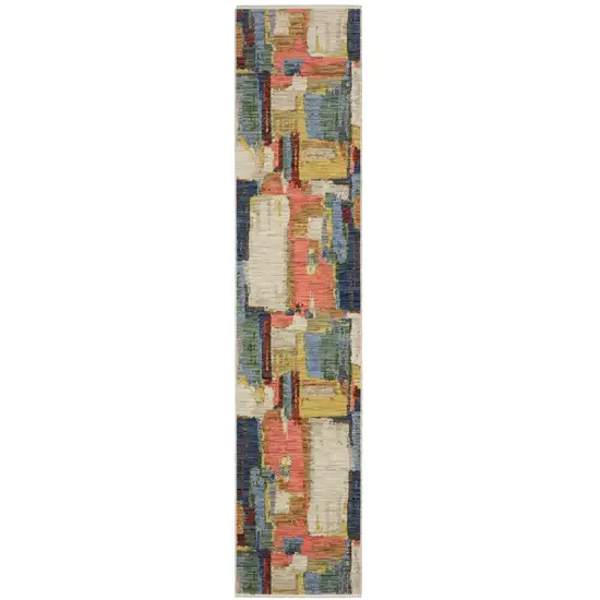 12' Pink Yellow And Dark Blue Abstract Runner Rug With Fringe Photo 2