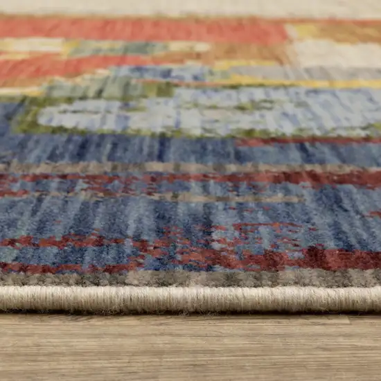 12' Pink Yellow And Dark Blue Abstract Runner Rug With Fringe Photo 7