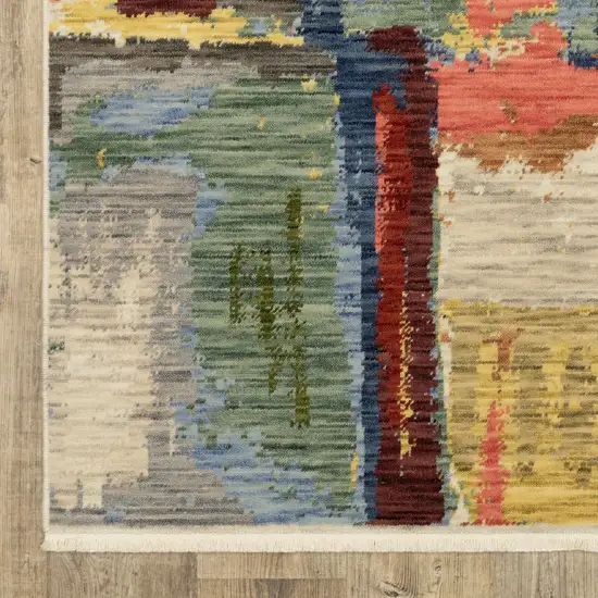 12' Pink Yellow And Dark Blue Abstract Runner Rug With Fringe Photo 6