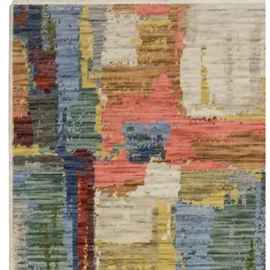 12' Pink Yellow And Dark Blue Abstract Runner Rug With Fringe Photo 8