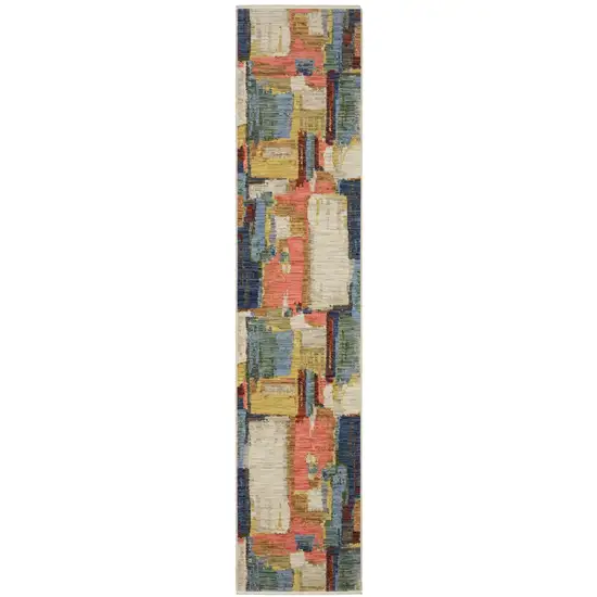 12' Pink Yellow And Dark Blue Abstract Runner Rug With Fringe Photo 4