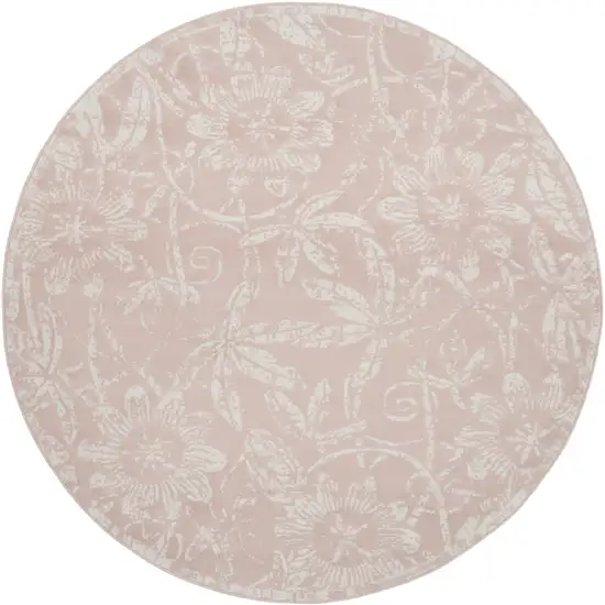 8' Pink and Ivory Floral Distressed Round Rug Photo 2