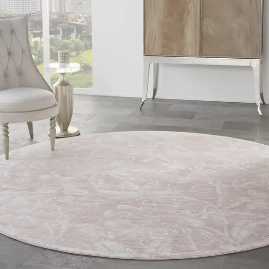 8' Pink and Ivory Floral Distressed Round Rug Photo 8