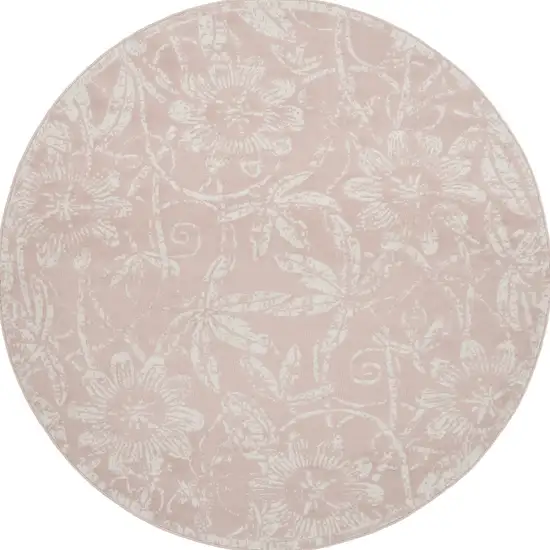 8' Pink and Ivory Floral Distressed Round Rug Photo 6