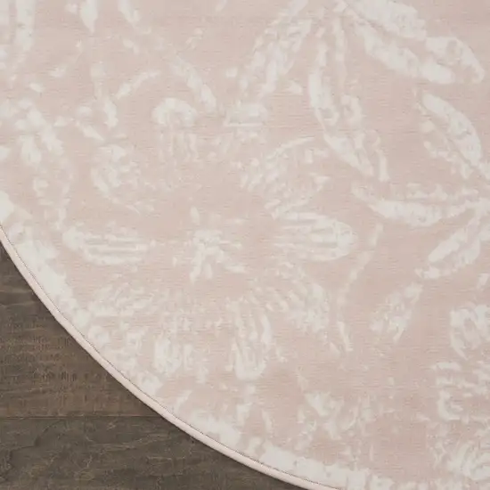 8' Pink and Ivory Floral Distressed Round Rug Photo 4