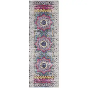 Photo of 7' Pink and Ivory Medallion Power Loom Runner Rug