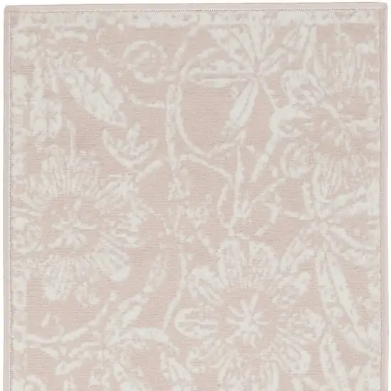 8' Pink and Ivory Tropical Floral Distressed Non Skid Runner Rug Photo 6