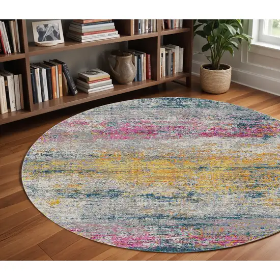 7' Pink and Orange Abstract Power Loom Round Rug Photo 1