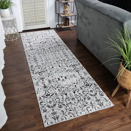 8' Platinum Floral Vines Power Loom Stain Resistant Runner Rug Photo 5