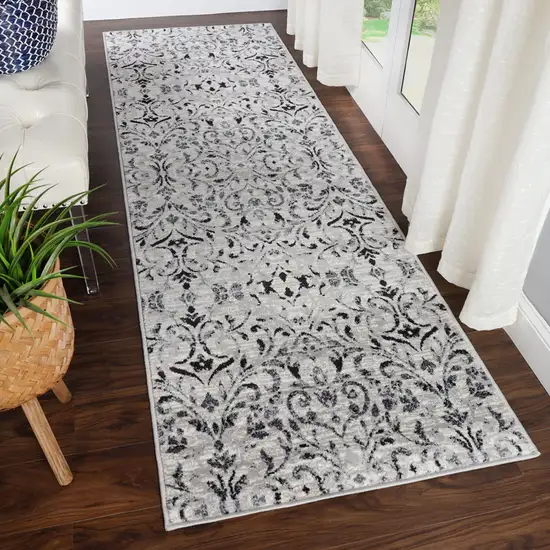 8' Platinum Floral Vines Power Loom Stain Resistant Runner Rug Photo 7