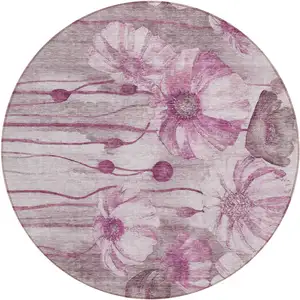 Photo of 8' Plum Mauve And Pink Round Floral Washable Indoor Outdoor Area Rug