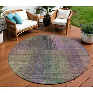 Photo of 8' Plum Olive Green And Lavender Round Abstract Washable Indoor Outdoor Area Rug