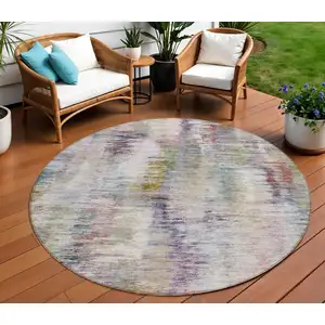 Photo of 8' Plum Purple And Ivory Round Abstract Washable Indoor Outdoor Area Rug