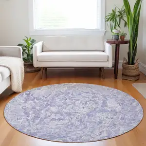 Photo of 8' Plum Purple And Lavender Round Abstract Washable Indoor Outdoor Area Rug