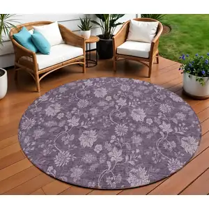 Photo of 8' Plum Purple And Lavender Round Floral Washable Indoor Outdoor Area Rug