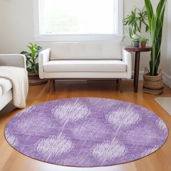 8' Plum Purple And Lavender Round Ikat Washable Indoor Outdoor Area Rug Photo 7