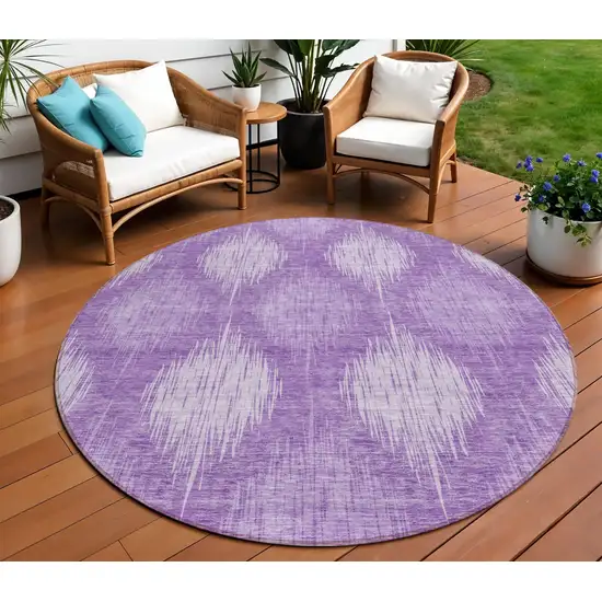 8' Plum Purple And Lavender Round Ikat Washable Indoor Outdoor Area Rug Photo 1