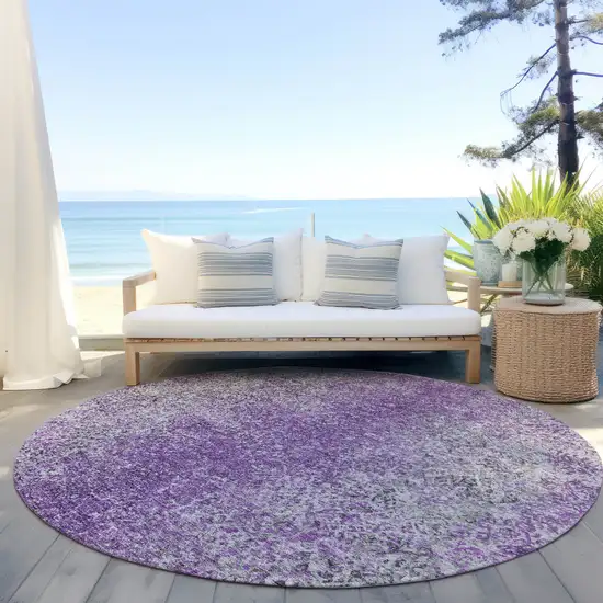 8' Plum Purple And Silver Round Oriental Washable Indoor Outdoor Area Rug Photo 7