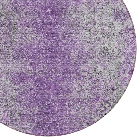 8' Plum Purple And Silver Round Oriental Washable Indoor Outdoor Area Rug Photo 5