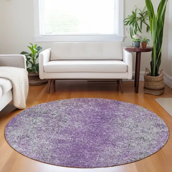 8' Plum Purple And Silver Round Oriental Washable Indoor Outdoor Area Rug Photo 8