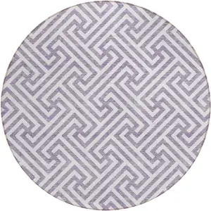 Photo of 8' Purple And Ivory Round Geometric Washable Indoor Outdoor Area Rug