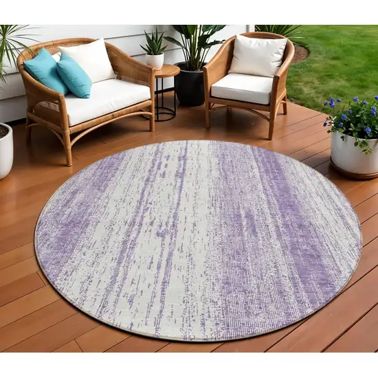 8' Purple And Ivory Round Striped Washable Indoor Outdoor Area Rug Photo 1