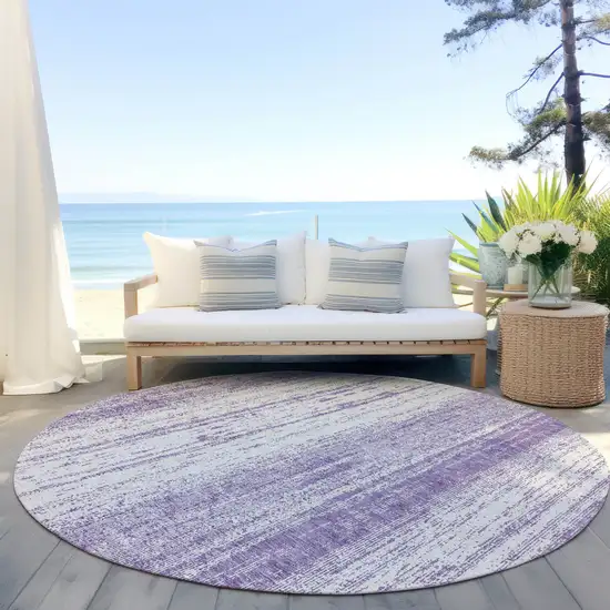 8' Purple And Ivory Round Striped Washable Indoor Outdoor Area Rug Photo 6