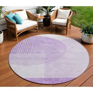 Photo of 8' Purple And Lavender Round Geometric Washable Indoor Outdoor Area Rug