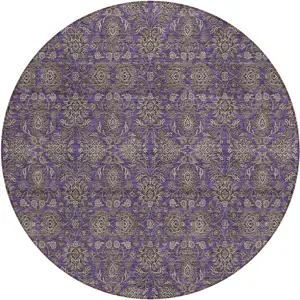 Photo of 8' Purple Beige And Taupe Round Floral Washable Indoor Outdoor Area Rug