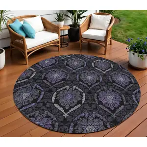 Photo of 8' Purple Charcoal And Gray Round Medallion Washable Indoor Outdoor Area Rug