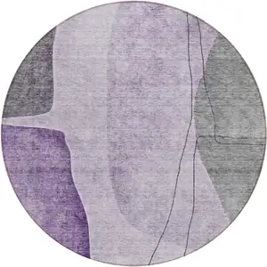 Photo of 8' Purple Eggplant And Gray Round Abstract Washable Indoor Outdoor Area Rug