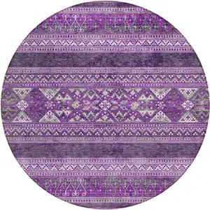 Photo of 8' Purple Eggplant And Gray Round Southwestern Washable Indoor Outdoor Area Rug