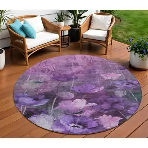 Photo of 8' Purple Eggplant And Lavender Round Floral Washable Indoor Outdoor Area Rug