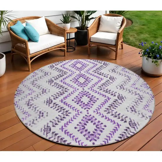 8' Purple Eggplant And Lavender Round Geometric Washable Indoor Outdoor Area Rug Photo 1