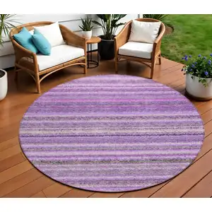 Photo of 8' Purple Eggplant And Lilac Round Striped Washable Indoor Outdoor Area Rug