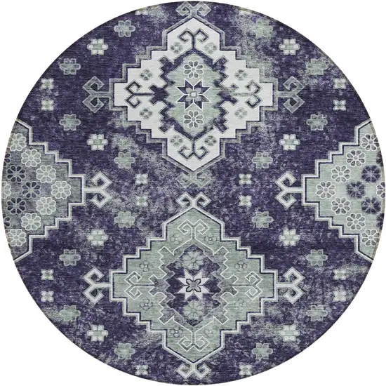 8' Purple Eggplant And Sage Round Medallion Washable Indoor Outdoor Area Rug Photo 2