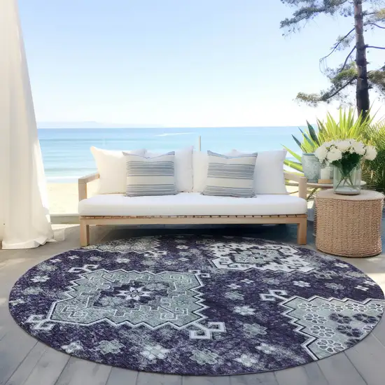 8' Purple Eggplant And Sage Round Medallion Washable Indoor Outdoor Area Rug Photo 7