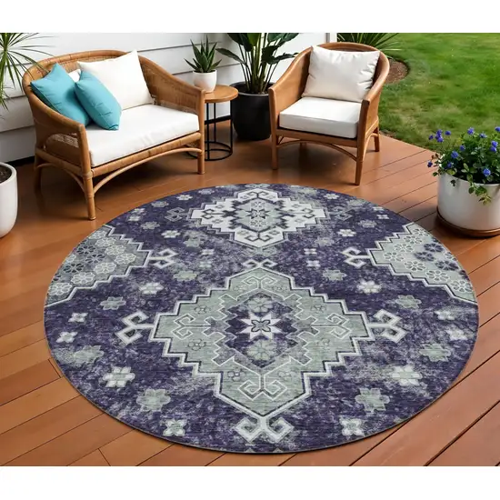 8' Purple Eggplant And Sage Round Medallion Washable Indoor Outdoor Area Rug Photo 1