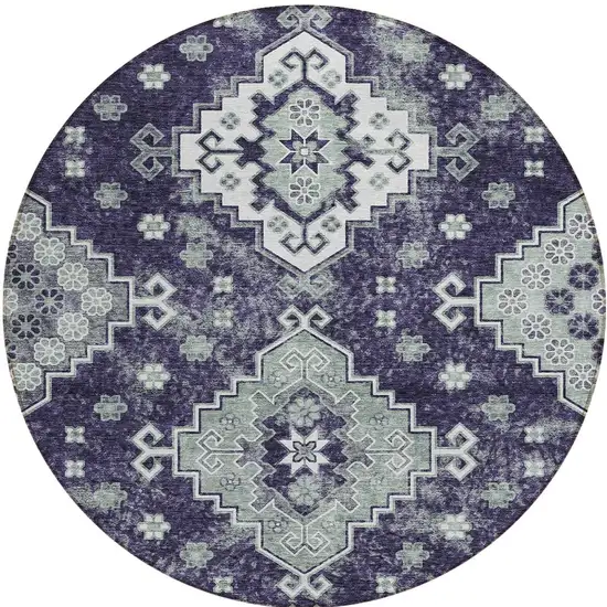 8' Purple Eggplant And Sage Round Medallion Washable Indoor Outdoor Area Rug Photo 6