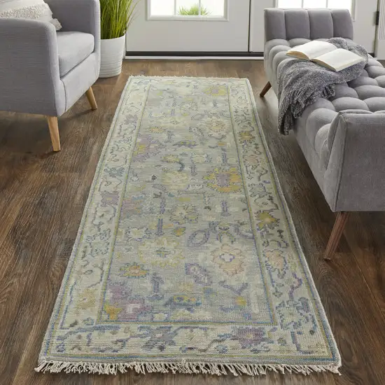 8' Purple Gray and Gold Wool Oriental Hand Knotted Runner Rug With Fringe Photo 7