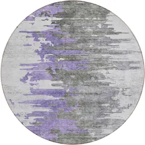 Photo of 8' Purple Ivory And Charcoal Round Abstract Washable Indoor Outdoor Area Rug